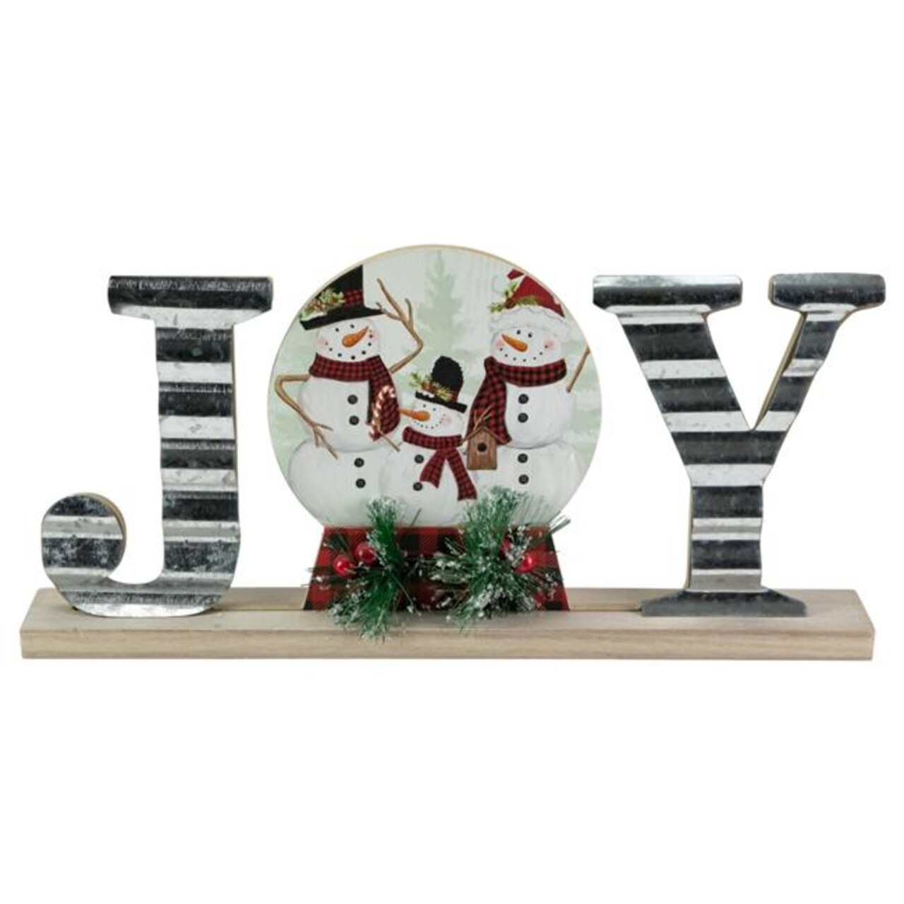 Northlight 34861526 15 in. Galvanized Metal &#x26; Wooden Joy Snowman Family Christmas Sign